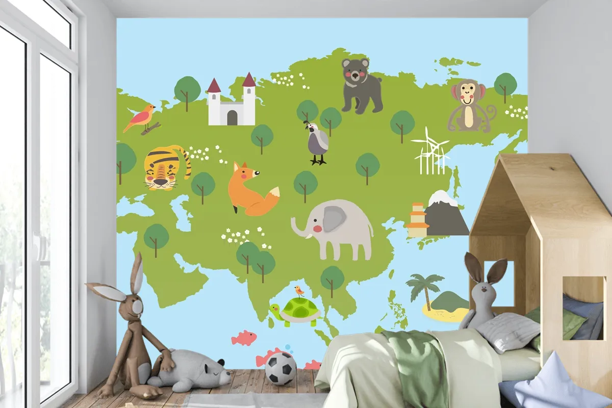 Yaban Hayatı Habitatlarının Çizim Stili Seti Çocuk Odası Duvar Kağıdı