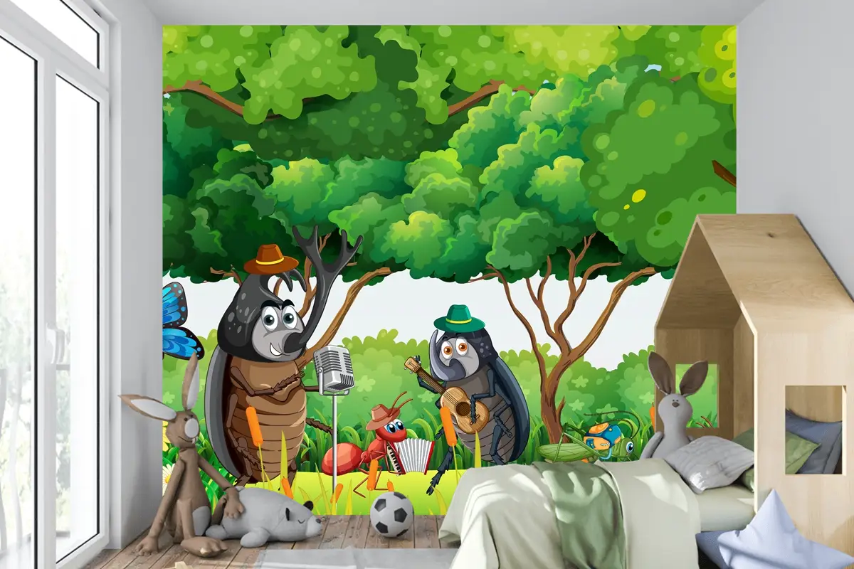 Karikatür Böcekler Çocuk Odası Duvar Kağıdı Ile Doğa Sahnesi