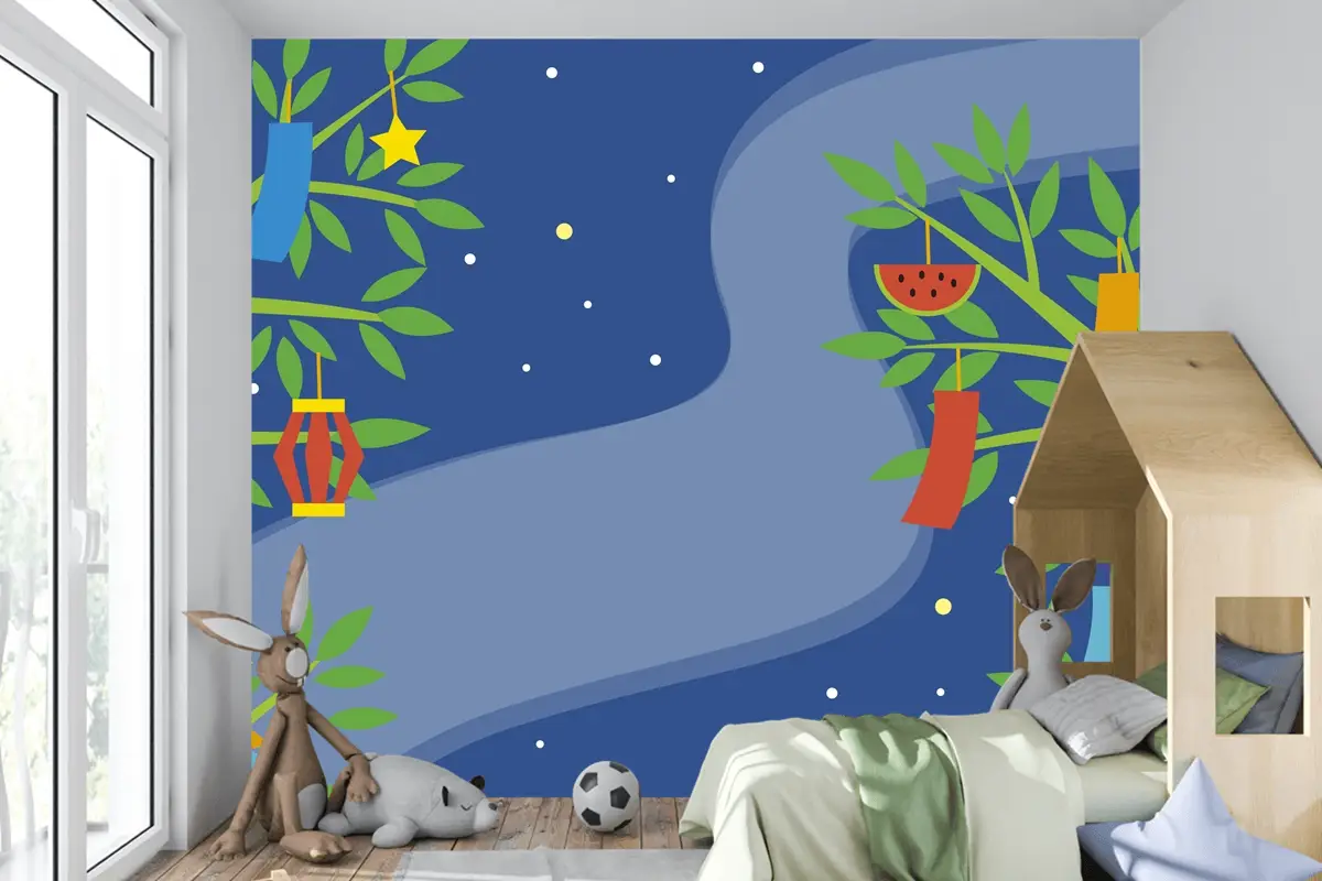 Dallarda Süslemeli Düz Tanabata Arkaplan Çocuk Odası Duvar Kağıdı