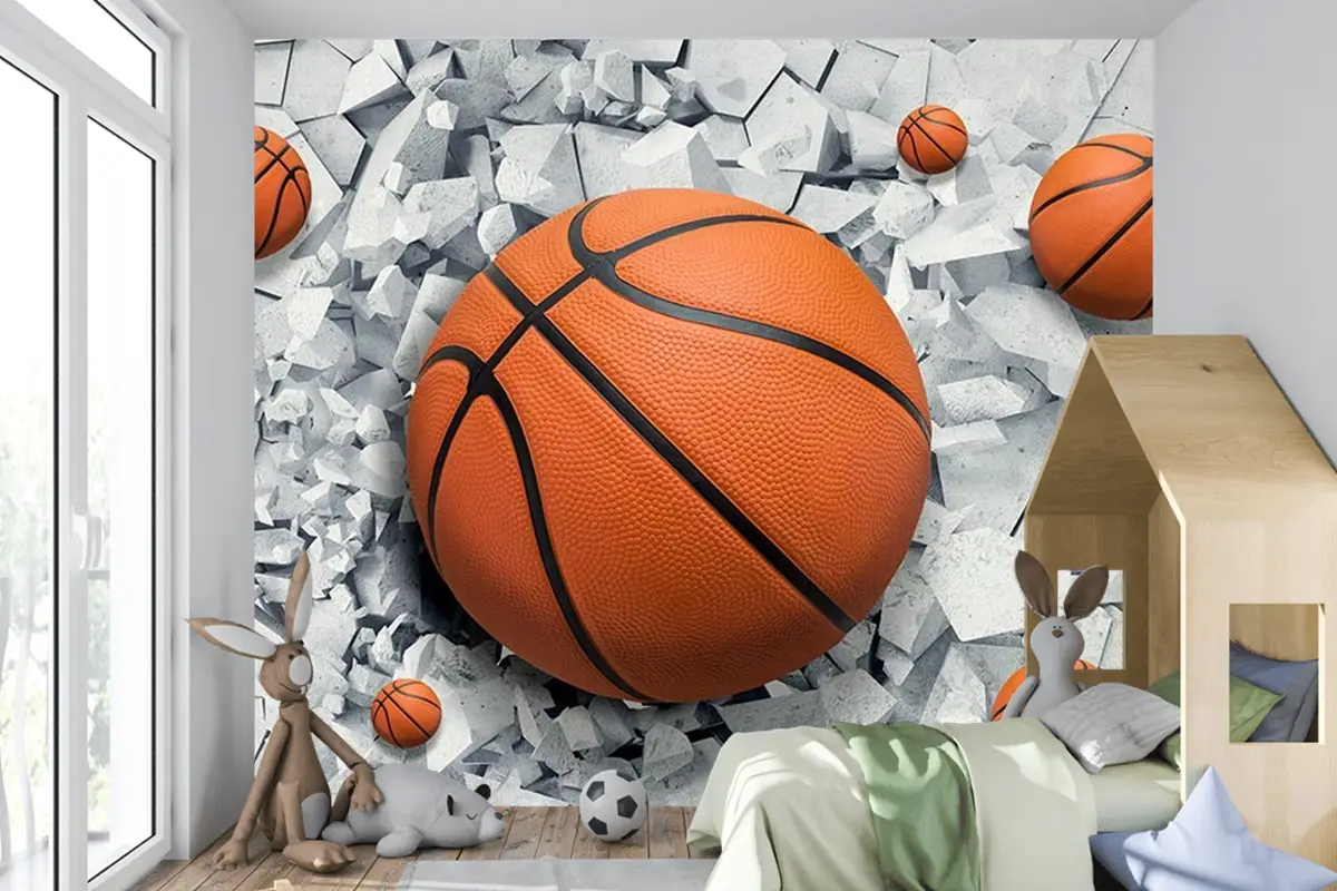 3 Boyutlu Çatlak Duvar Içinde Basketbol Topu Çocuk Odası Duvar Kağıdı