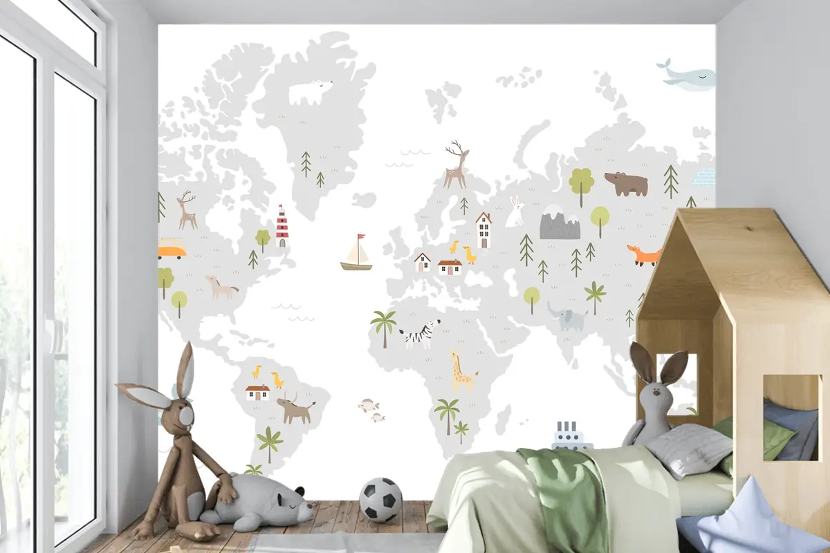 Hayvan Evleri Doğa Elemanları Çocuk Odası Duvar Kağıdı Ile Dünya Haritası