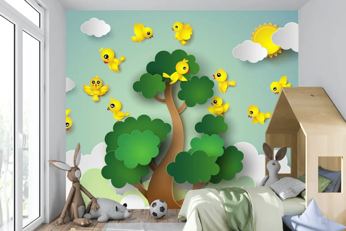 Ağacın Etrafında Uçan Kuş Çocuk Odası Duvar Kağıdı