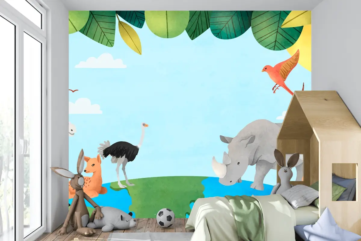 Suluboya Dünya Hayvan Günü Arka Plan Çocuk Odası Duvar Kağıdı 