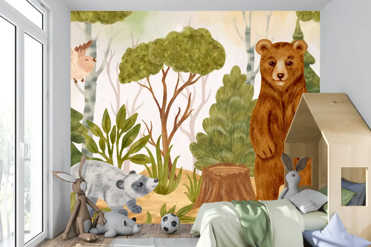 Suluboya Orman Hayvanları Arka Plan Çocuk Odası Duvar Kağıdı 