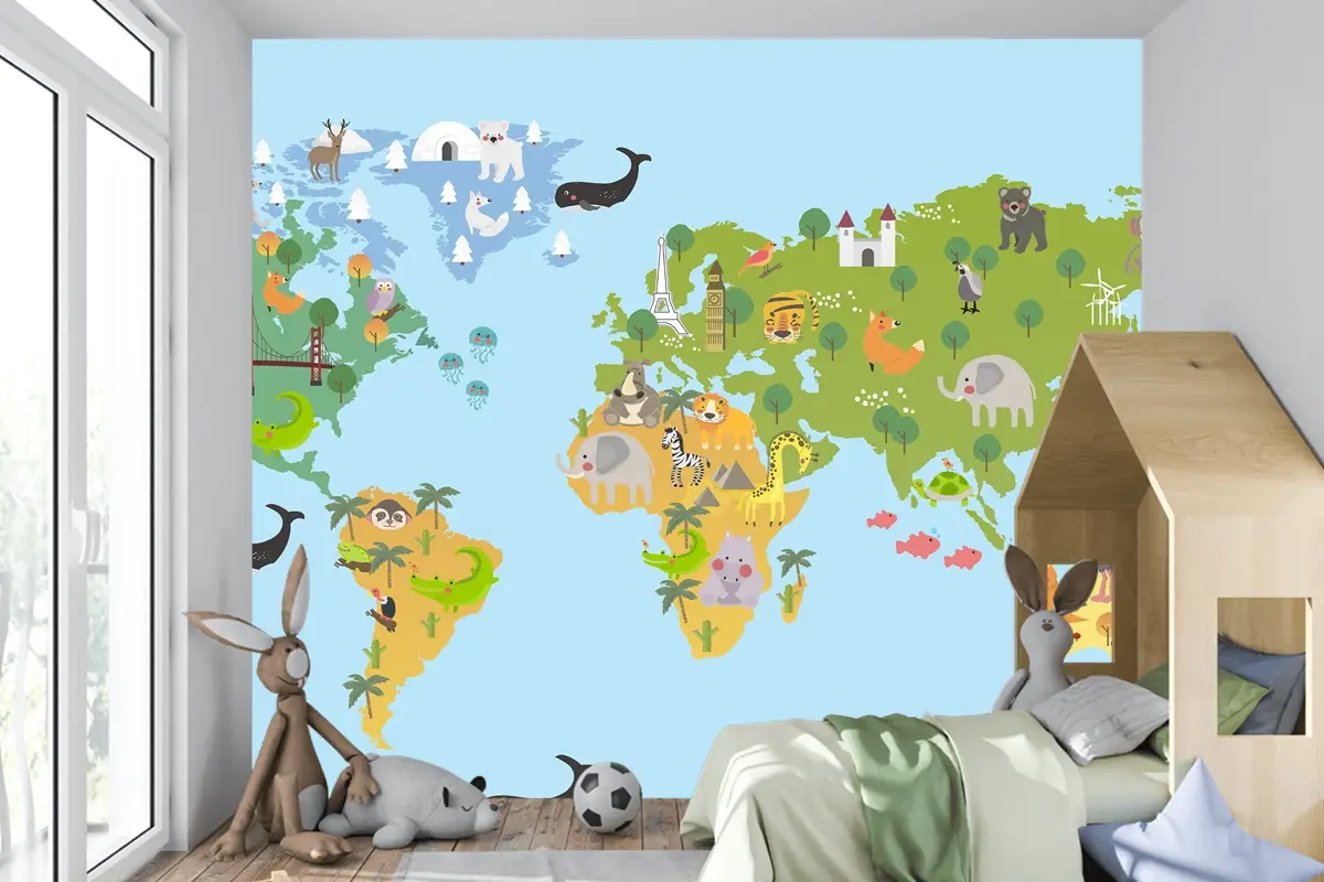Hayvan Dünya Haritası Çocuk Odası Duvar Kağıdı