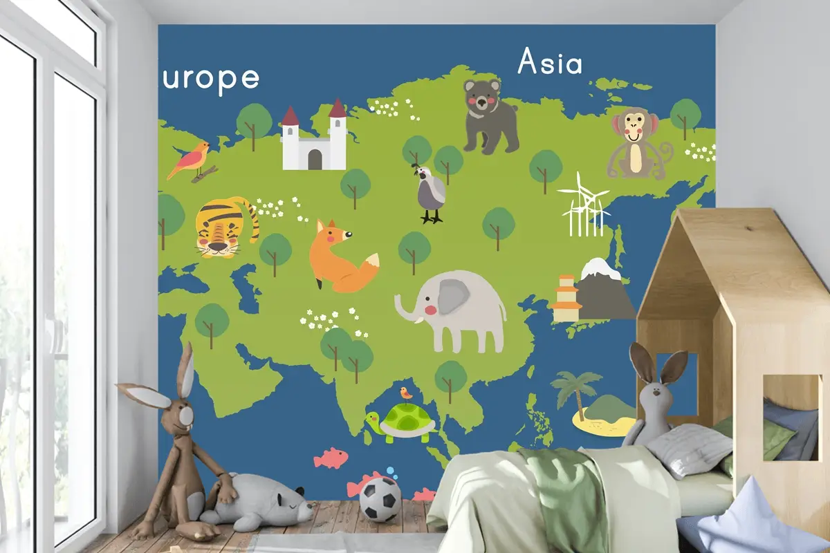 Yaban Hayatı Habitatlarının Çizim Stili Seti Çocuk Odası Duvar Kağıdı