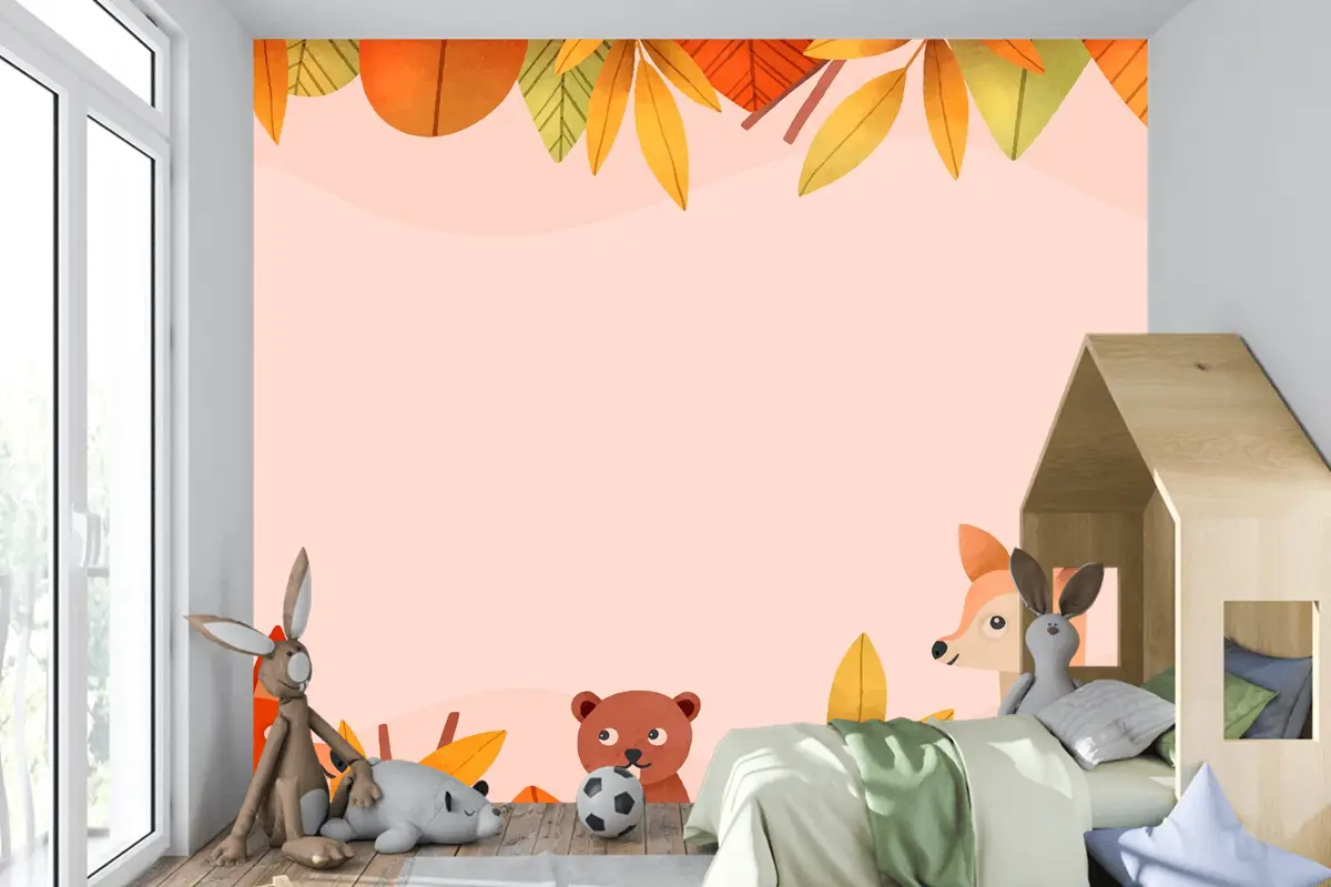 Suluboya Orman Hayvanı Ve Yaprakları Çocuk Odası Duvar Kağıdı 
