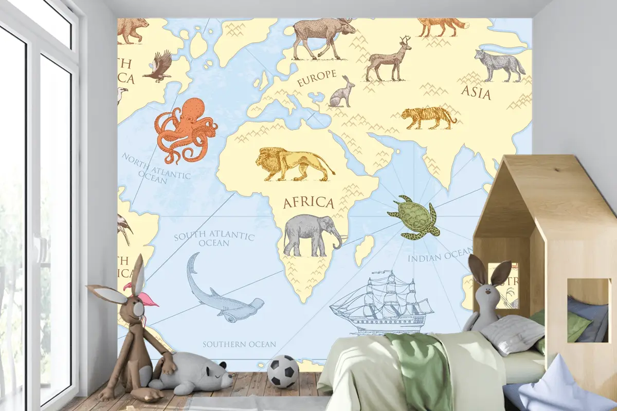 Vahşi Hayvanlarla Vintage Dünya Haritası Çocuk Odası Duvar Kağıdı