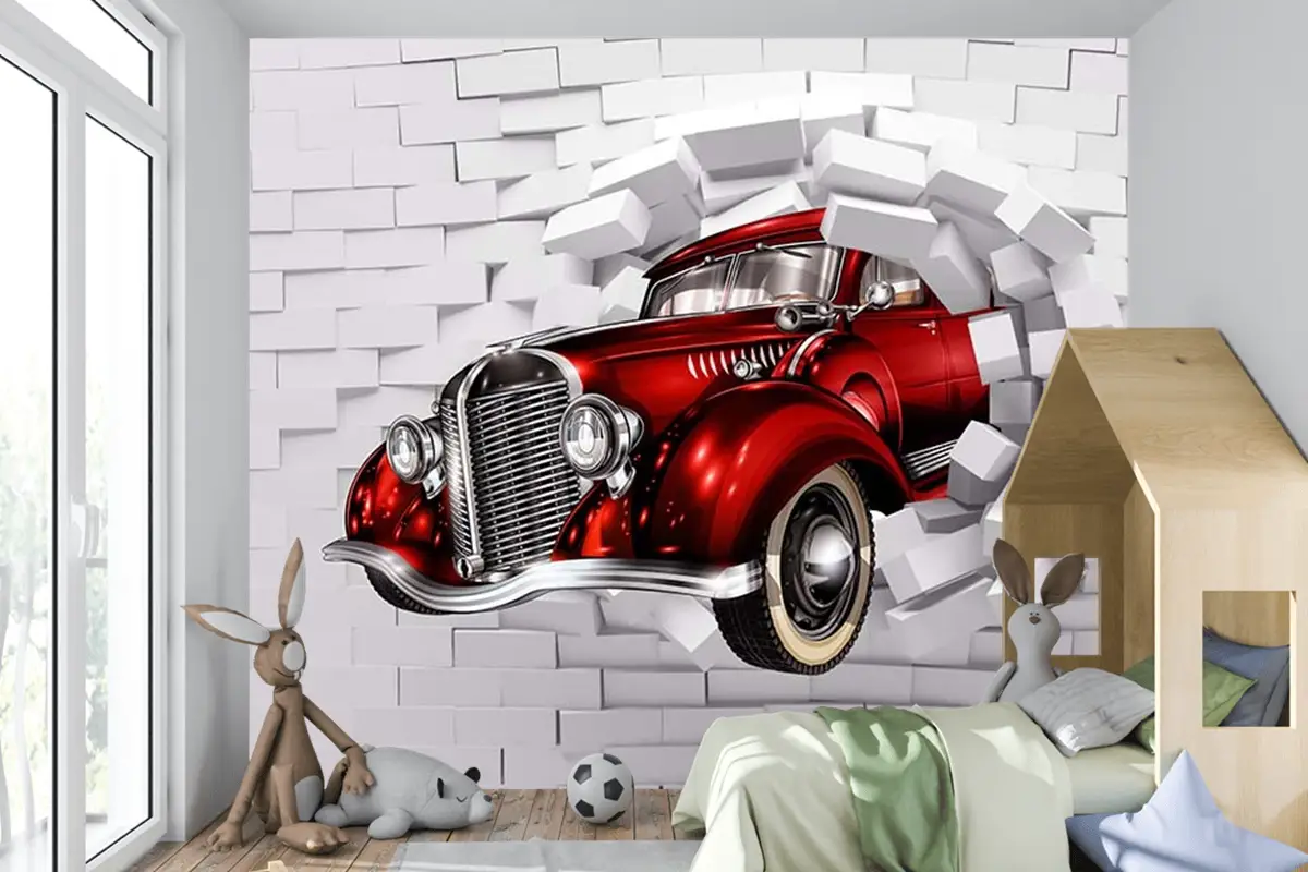 3D Boyutlu Duvardan Çıkan Kırmızı Araba Çocuk Odası Duvar Kağıdı