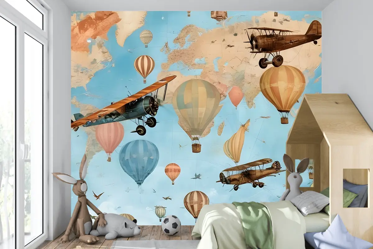 Sıcak Hava Balonu Çocuk Odası Duvar Kağıdı  Ile 3D Görünümlü Çocuk Dünya Haritası