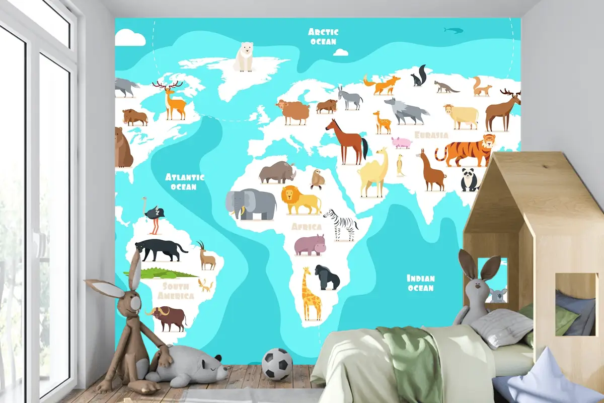 Hayvanlarla Dünya Haritası Dünya Keşfi Komik Çocuklar Coğrafya Çocuk Odası Duvar Kağıdı
