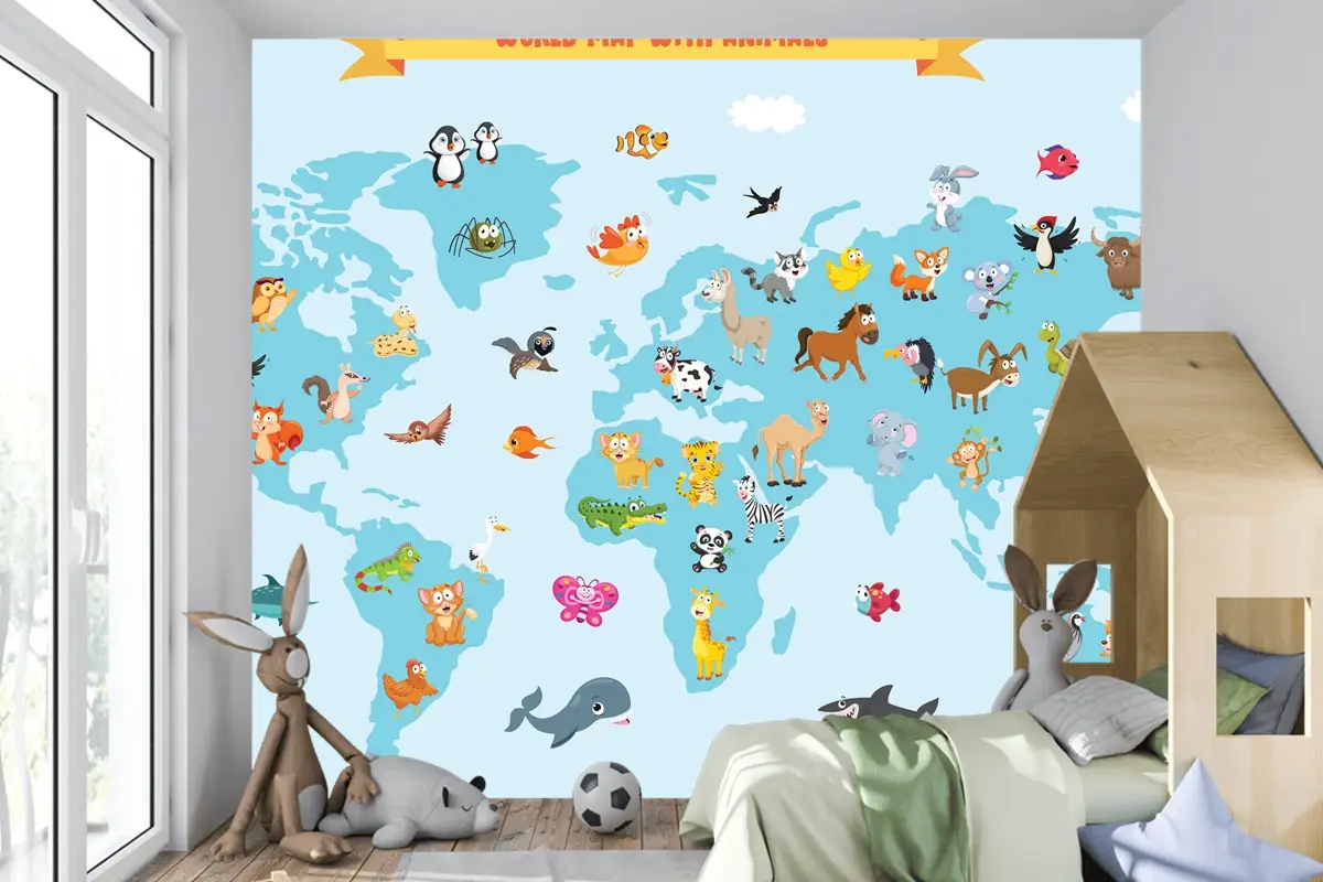 Karikatür Hayvanlı Dünya Haritası Çocuk Odası Duvar Kağıdı