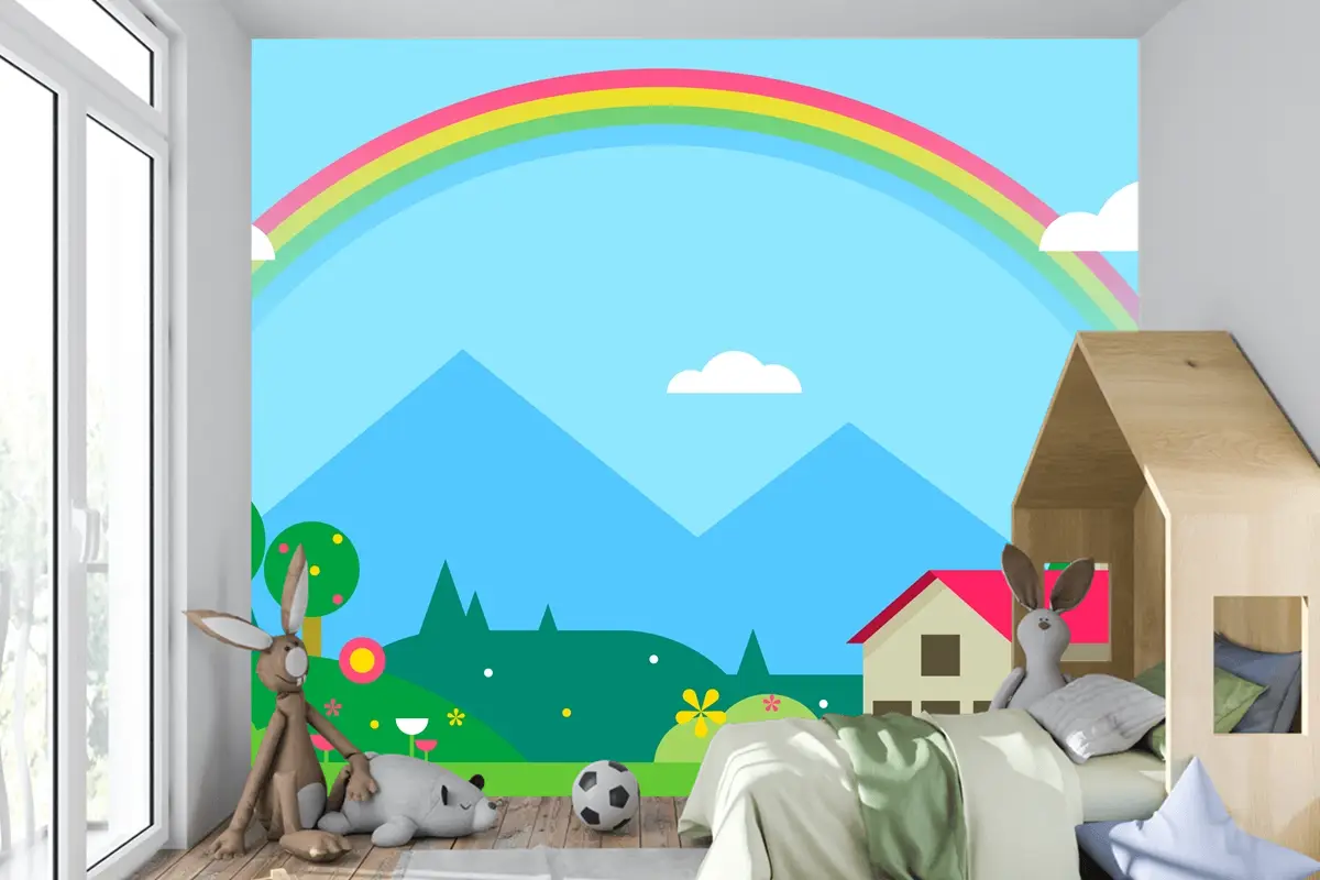 Ev Ve Gökkuşağı Çocuk Odası Duvar Kağıdı  Ile Bahar Manzarası