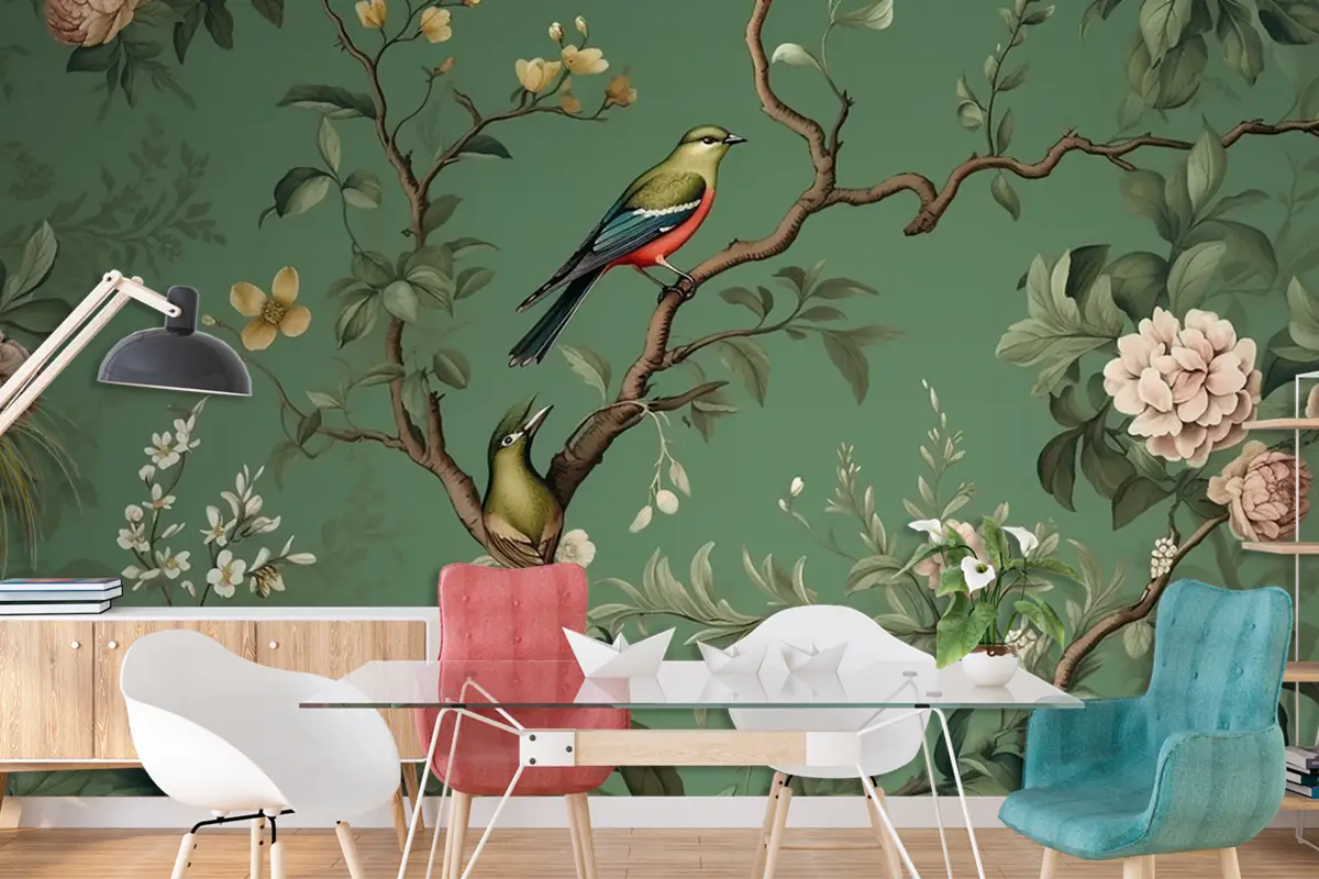 Çiçekler Dallar Kuşlar Altın Fırça Darbeleri Duvar Kağıdı