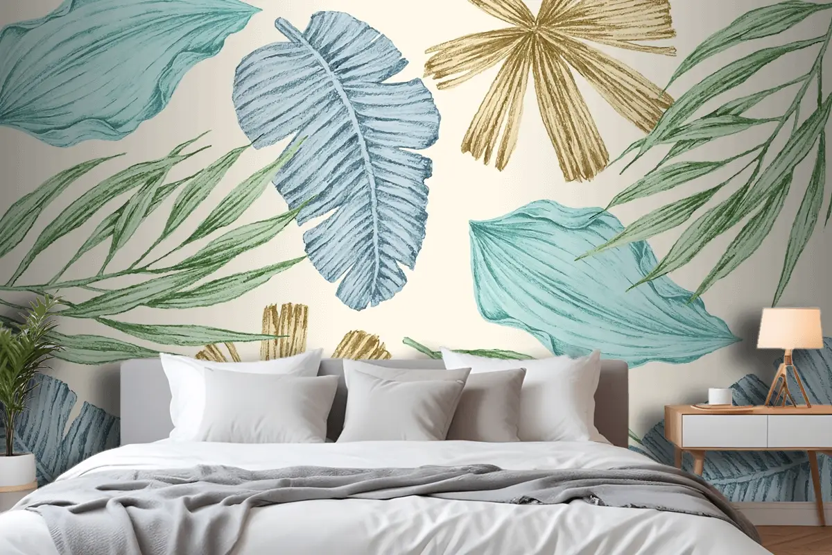 Vintage Yapraklı Tropikal Arka Plan Yatak Odası Duvar Kağıdı