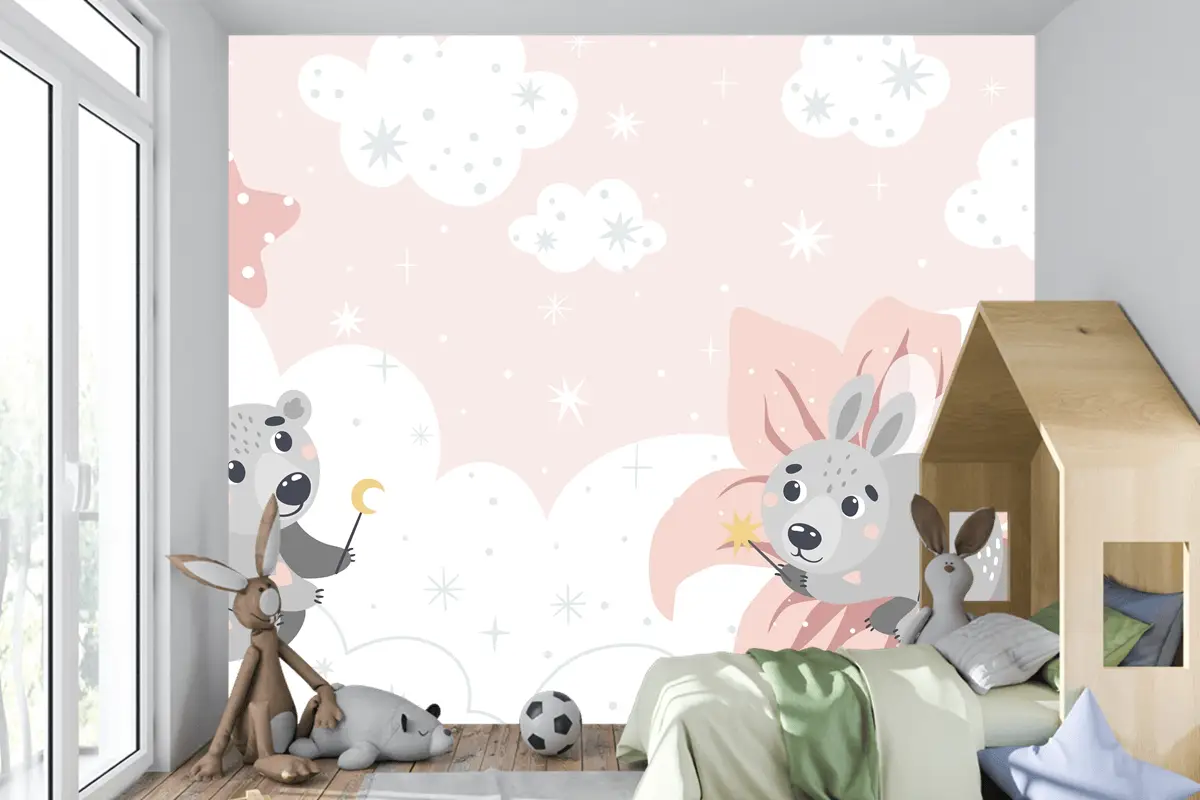 Bulutların Üzerinde Sevimli Masal Hayvanları Çocuk Odası Duvar Kağıdı Yazdırmaya Uygun