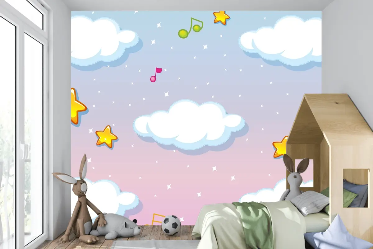 Melodi Temalı Çocuk Odası Duvar Kağıdı  Ile Pastel Gökyüzü Arka Planında Boş Bulutlar