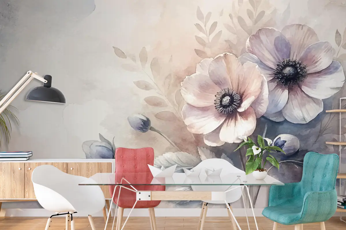 Vintage Anemon Çiçek Suluboya Arka Plan Oturma Odası Duvar Kağıdı 