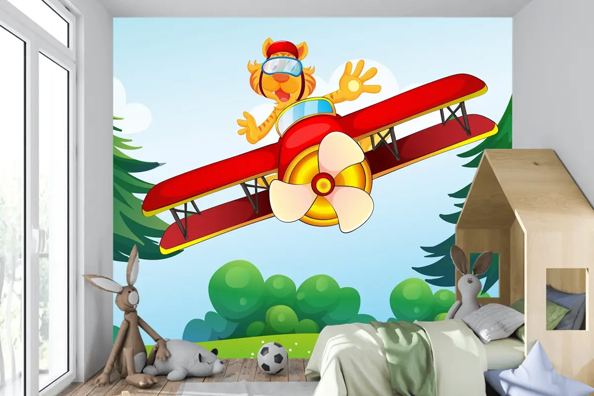 Uçağa Binen Övünen Kaplan Çocuk Odası Duvar Kağıdı
