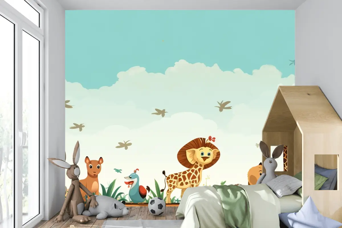 Hayvanların Bulunduğu Bir Tarlada Zürafalar Ve Zürafaların Karikatürü Çocuk Odası Duvar Kağıdı