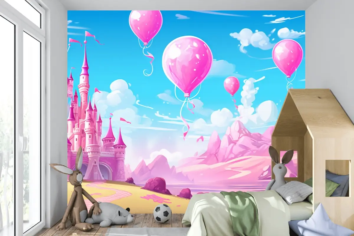 Balonlu Kale Ve Arka Planda Kale Çocuk Odası Duvar Kağıdı