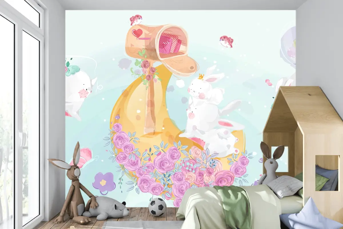 Renkli Suluboya Tarzında Sevimli Küçük Tavşan Çocuk Odası Duvar Kağıdı