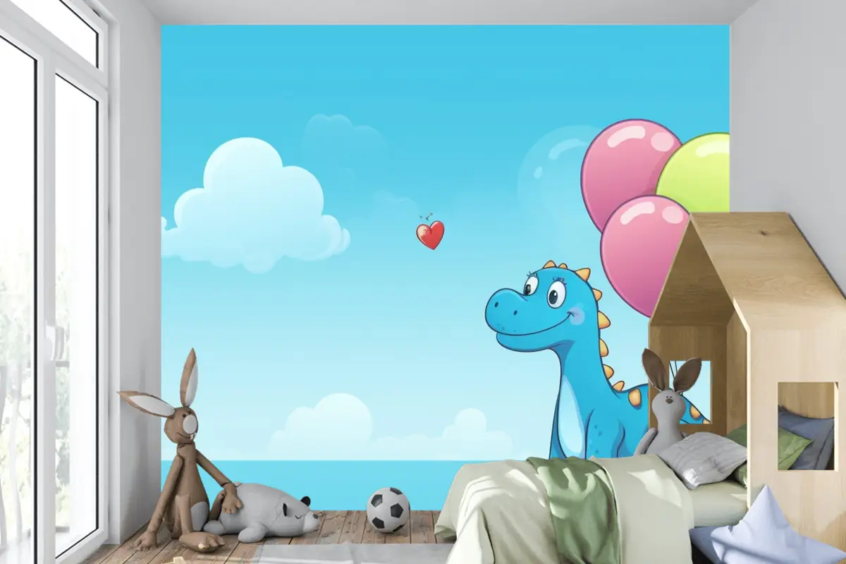 Gökyüzünde Balonları Olan Bir Ejderha Ve Çocuk Odası Duvar Kağıdı Nde Bir Kalp