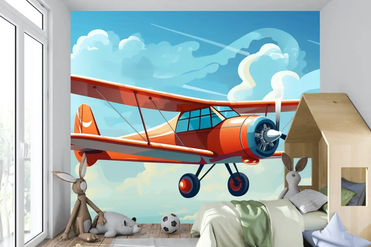Önünde Pervaneden Alıntı Sözlerinin Bulunduğu Kırmızı Bir Uçağın Çizimi Çocuk Odası Duvar Kağıdı