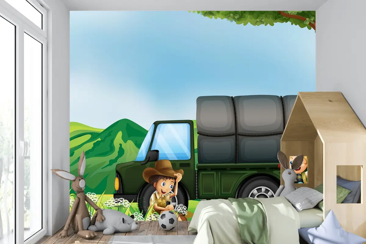 Yeşil Kamyonun Yanında Bir Kız Ve Bir Erkek Çocuk Odası Duvar Kağıdı
