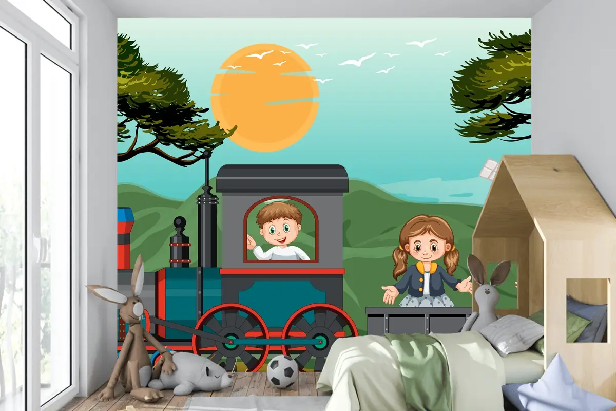 Doğal Sahneli Trende Bir Çocuk Bebek Odası Duvar Kağıdı