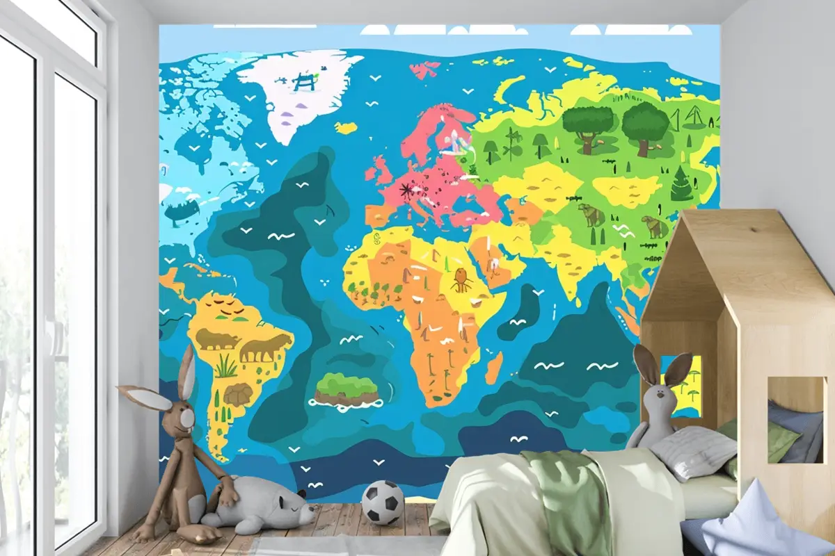 Üzerinde "Dünyadan Alıntı" Sözlerinin Bulunduğu Dünya Haritası Çocuk Odası Duvar Kağıdı
