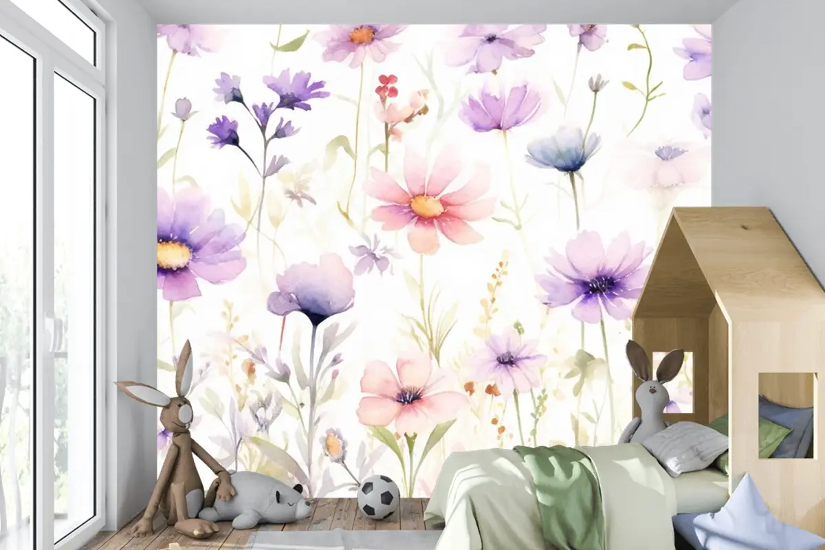 Beyaz Zemin Üzerine Bir Demet Çiçek Tablosu Çocuk Odası Duvar Kağıdı