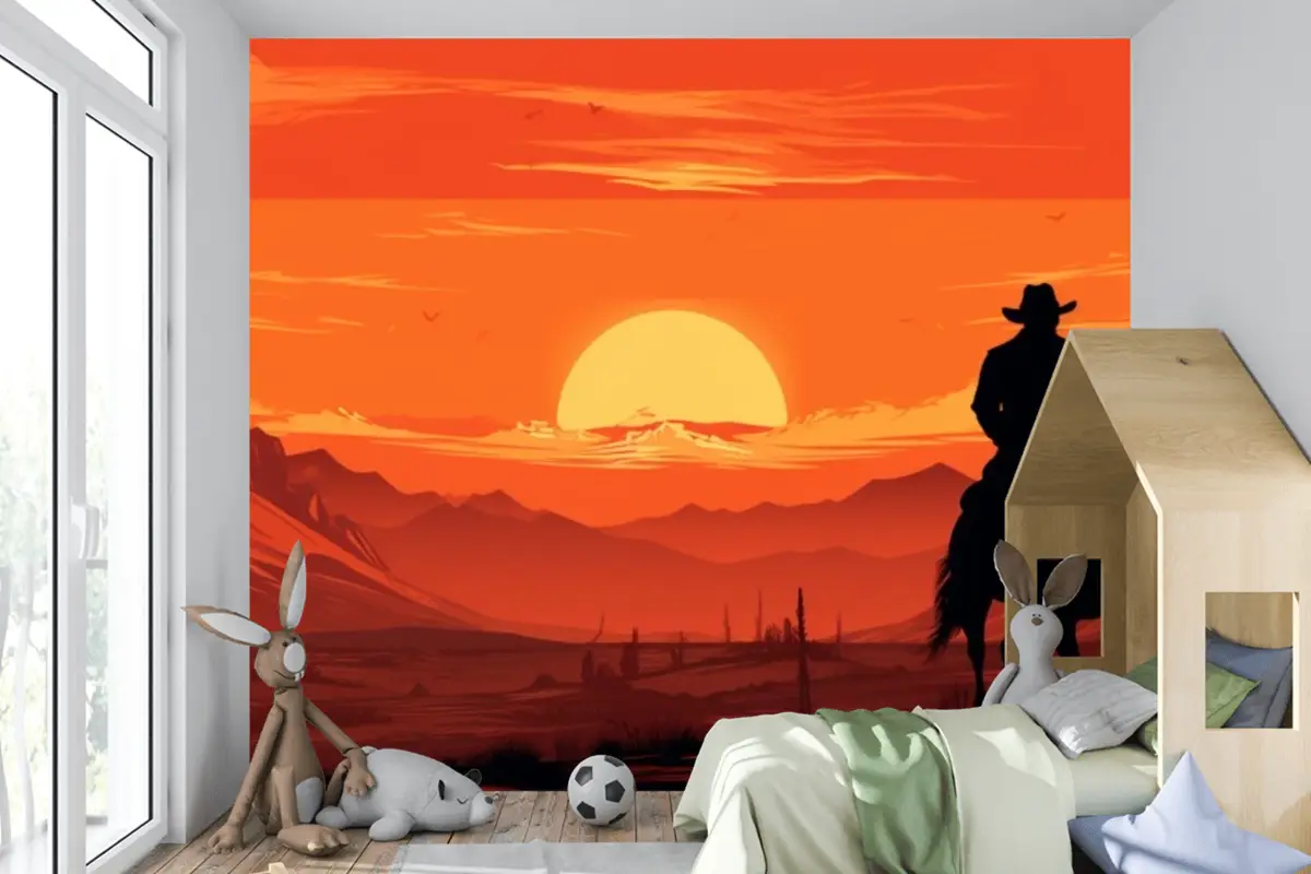 Gün Batımı Önünde Ata Binen Bir Kovboy Tablosu Çocuk Odası Duvar Kağıdı