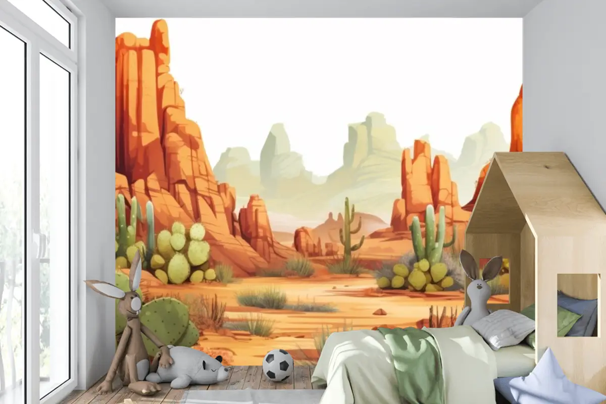 Kaktüs Ve Çöl Manzarası Çocuk Odası Duvar Kağıdı  Ile Bir Çöl Manzarası Tablosu