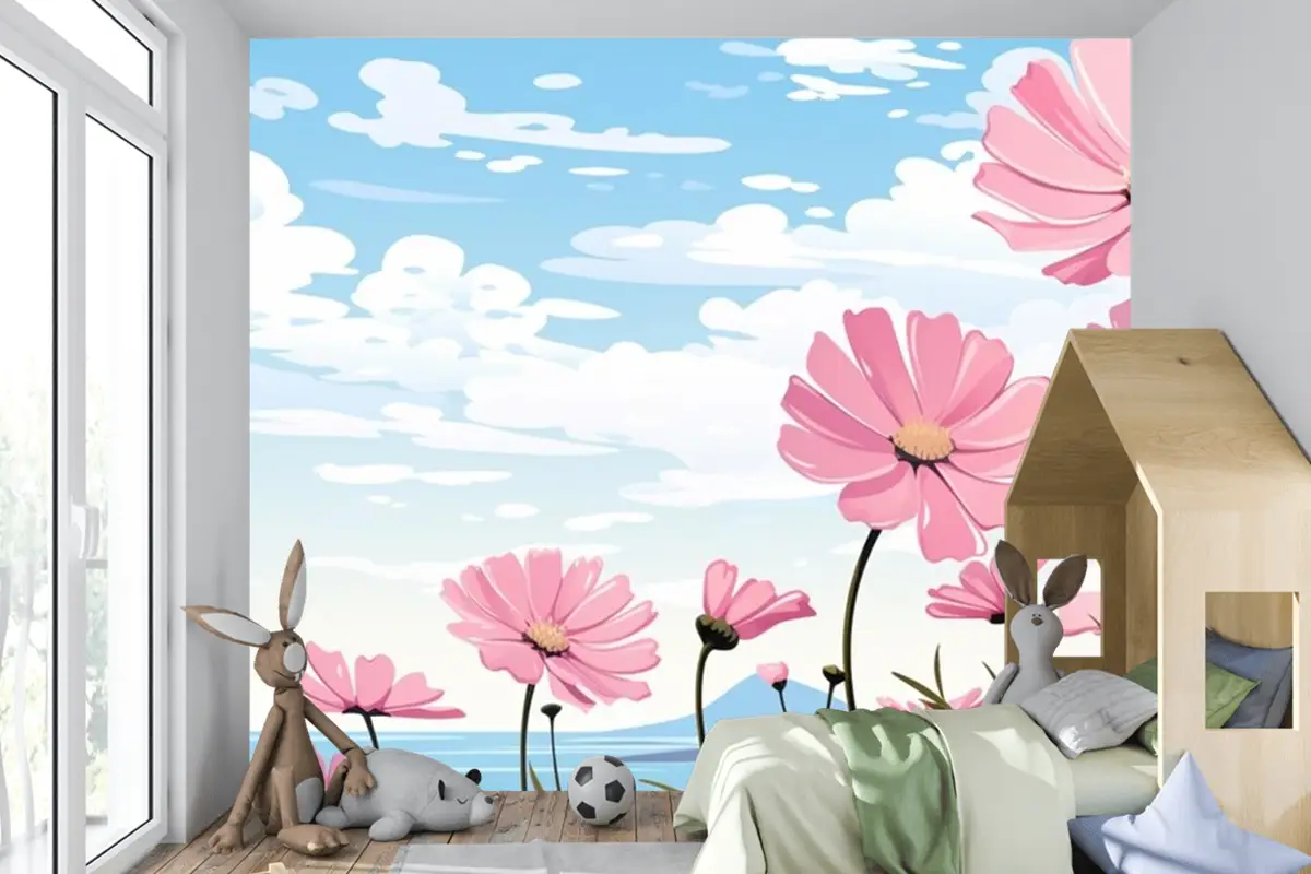 Papatyalar Çocuk Odası Duvar Kağıdı Ile Gökyüzünde Pembe Çiçeklerden Oluşan Bir Tablo