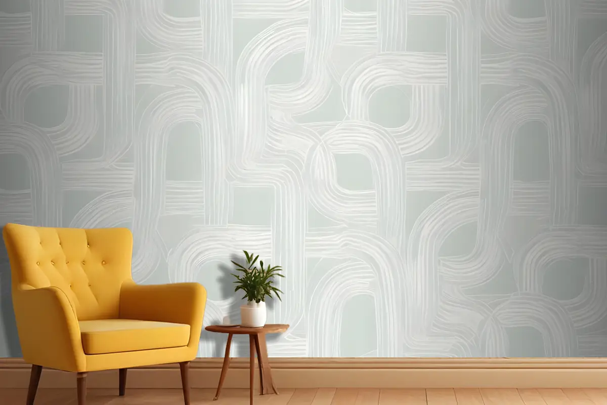 Beyaz Ve Açık Yeşil Tonlarında Birbirine Geçen Eğri Şekillerle Kesintisiz Geometrik Desen Antre  Hol  Koridor Duvar Kağıdı