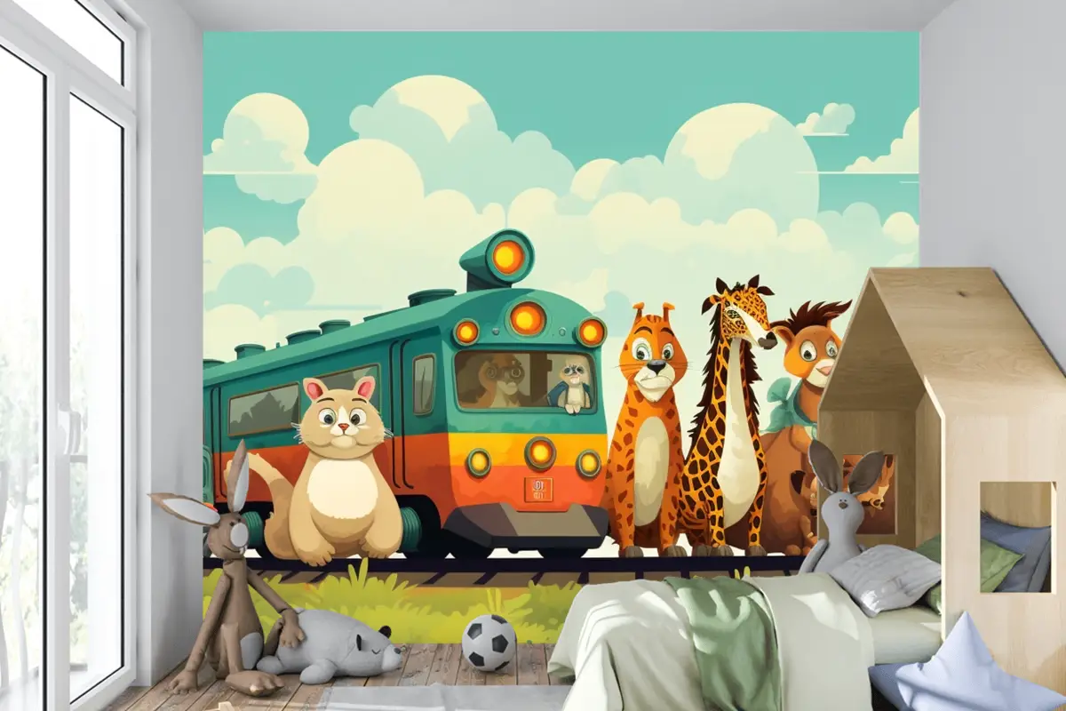 Üstünde Hayvanların Olduğu Bir Tren Ve Önünde Zürafalar Yazan Bir Tren Çocuk Odası Duvar Kağıdı