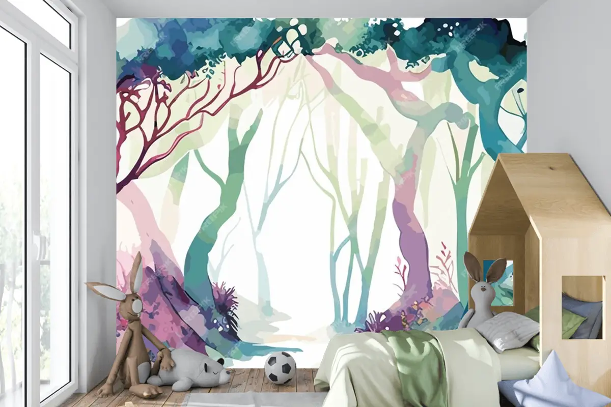 Çocuk Odası Duvar Kağıdına Giden Yolu Olan Bir Ormanın Suluboya Tablosu