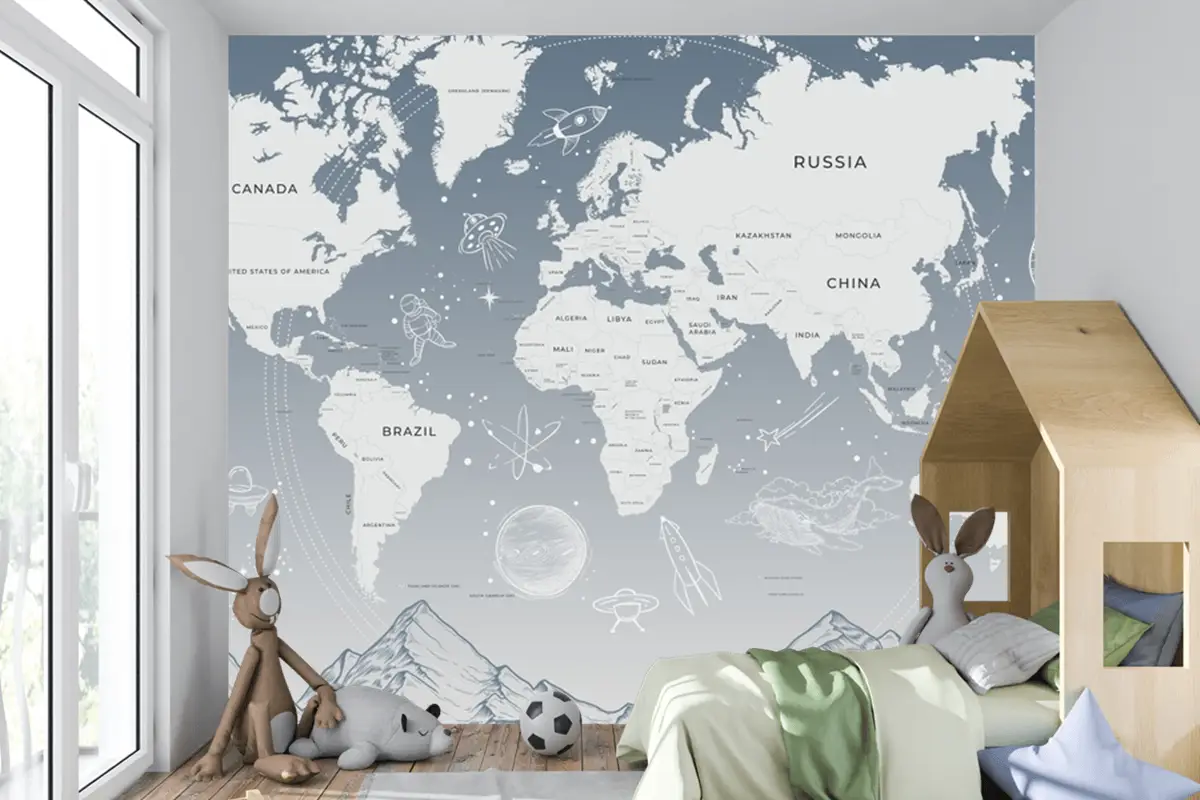 Açık Mavi Güneş Sistemi Galaksi Uzay Çocuk Odası Dünya Haritası Duvar Kağıdı