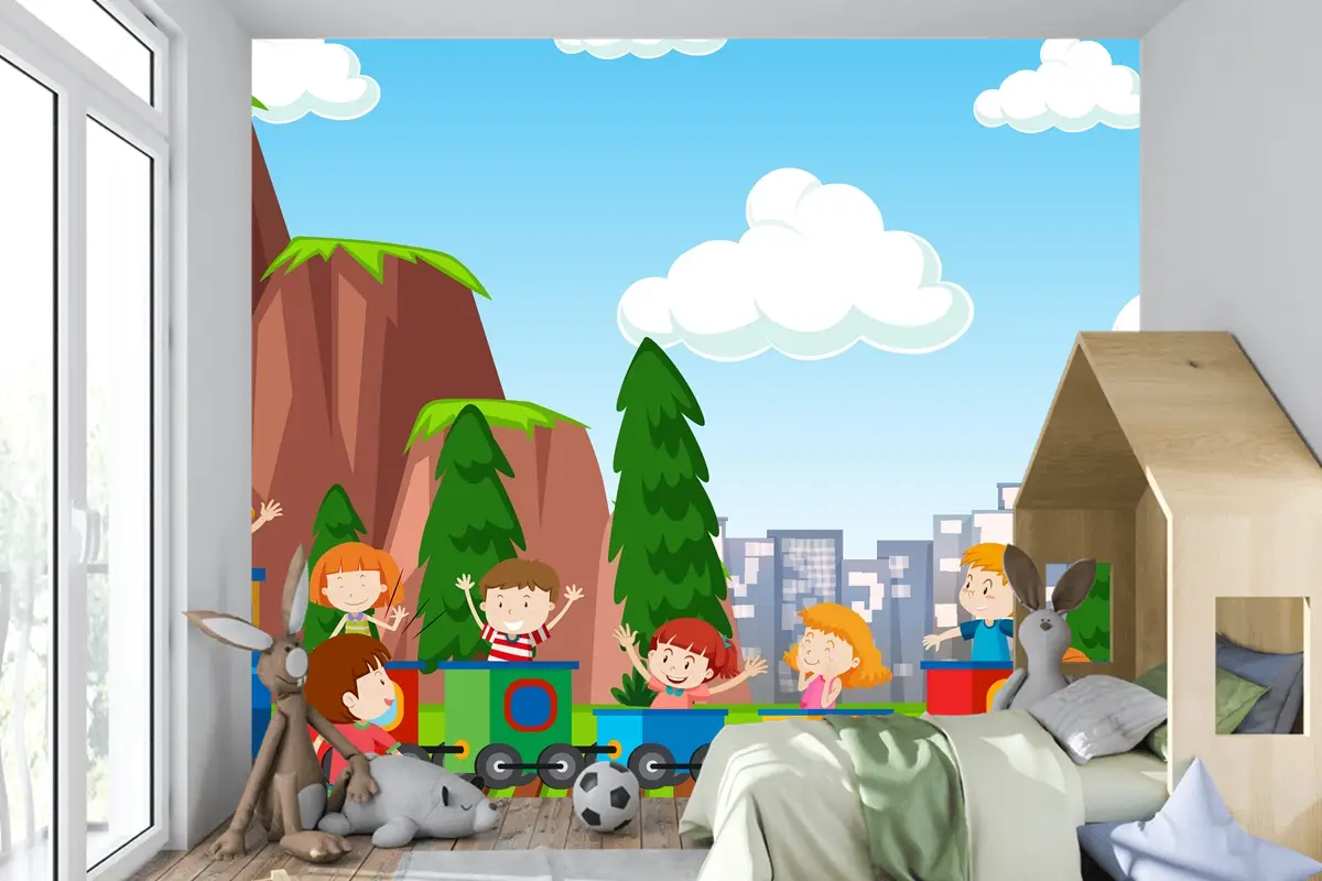 Çocuk Odası Duvar Kağıdı Dışında Spor Ve Eğlence Aktiviteleri Oynayan Aktif Erkek Ve Kız Çocukları