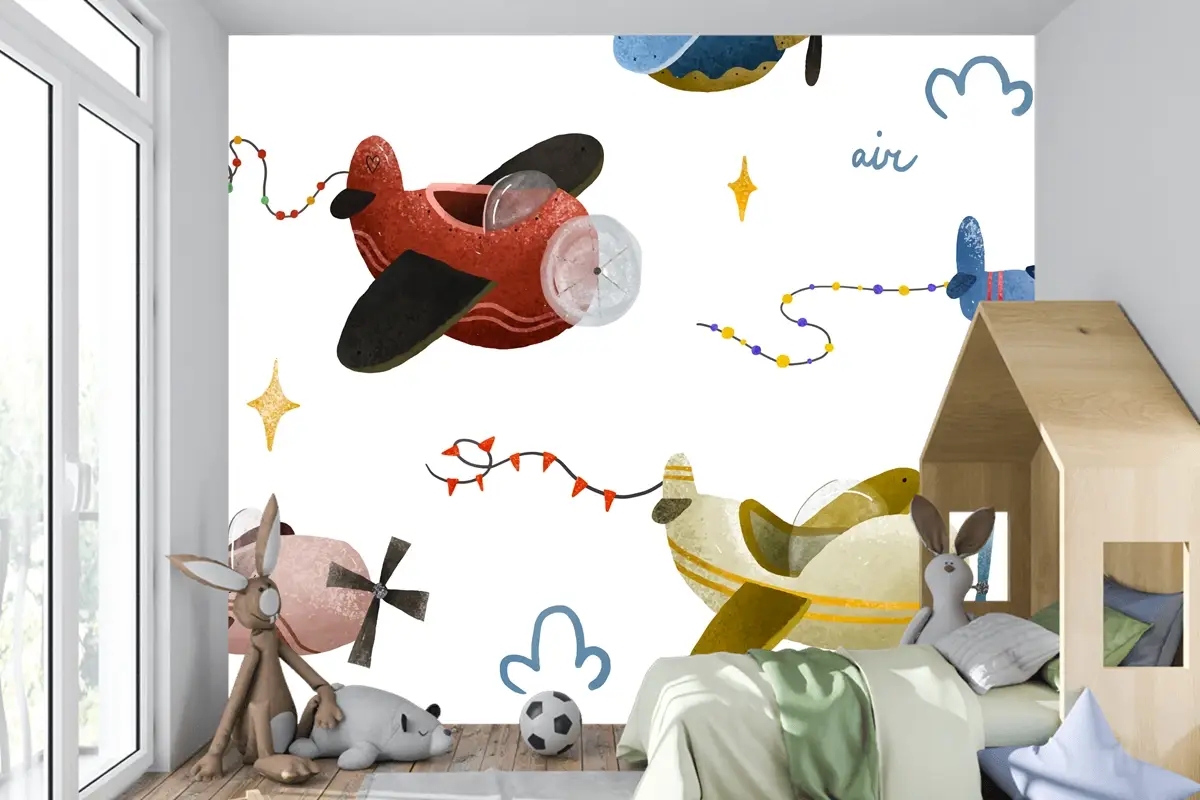 İskandinav Tarzı Çocuk Odası Duvar Kağıdı Duvarında Uçak Ve Bulutlar