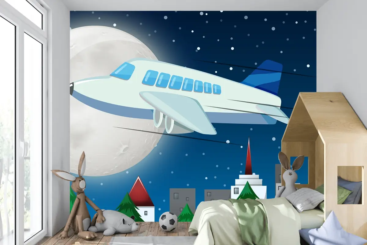 Gece Gökyüzünde Uçan Uçak Çocuk Odası Duvar Kağıdı