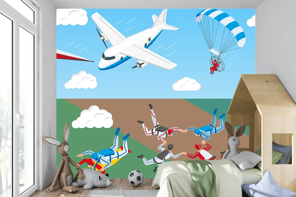 Uçak Yelken Havacılık Gökyüzünde Paraşütle Atlayan Bir Grup İnsan Çocuk Odası Duvar Kağıdı