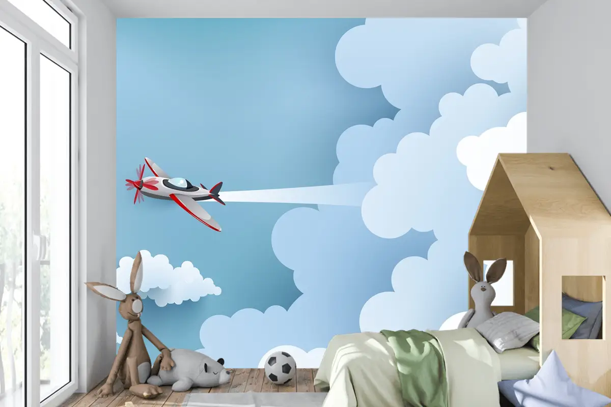 Bulut Üzerinde Uçak Çocuk Odası Duvar Kağıdı 