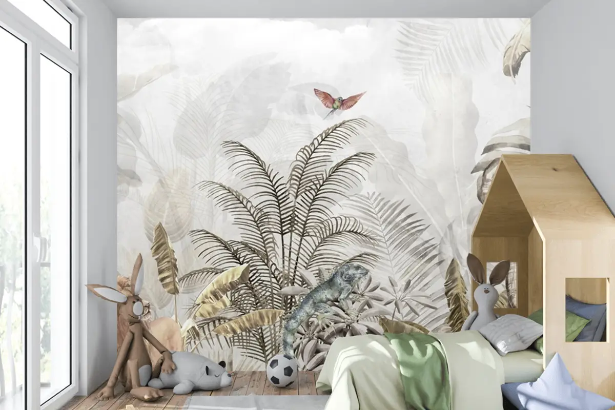 Altın Tropikal Safari Hayvanları Çocuk Odası Duvar Kağıdı
