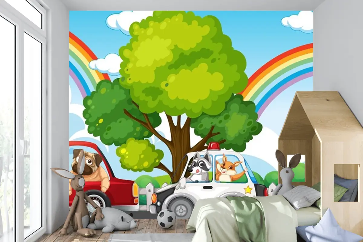 Farklı Arabaları Süren Hayvanlar Çocuk Odası Duvar Kağıdı