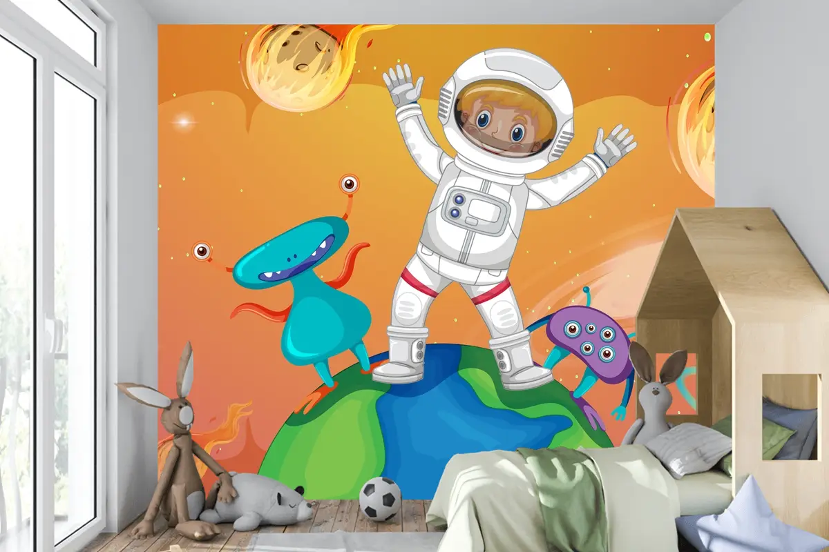 Uzay Sahnesinde Dünya Üzerinde Duran Uzaylılarla Astronot Çocuk Odası Duvar Kağıdı