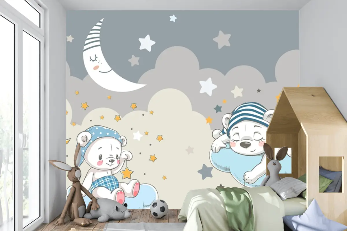 Ay Ve Yıldızlar Tüylü Bulutlar Teddy Ayılar Bebek Çocuk Odası Duvar Kağıdı