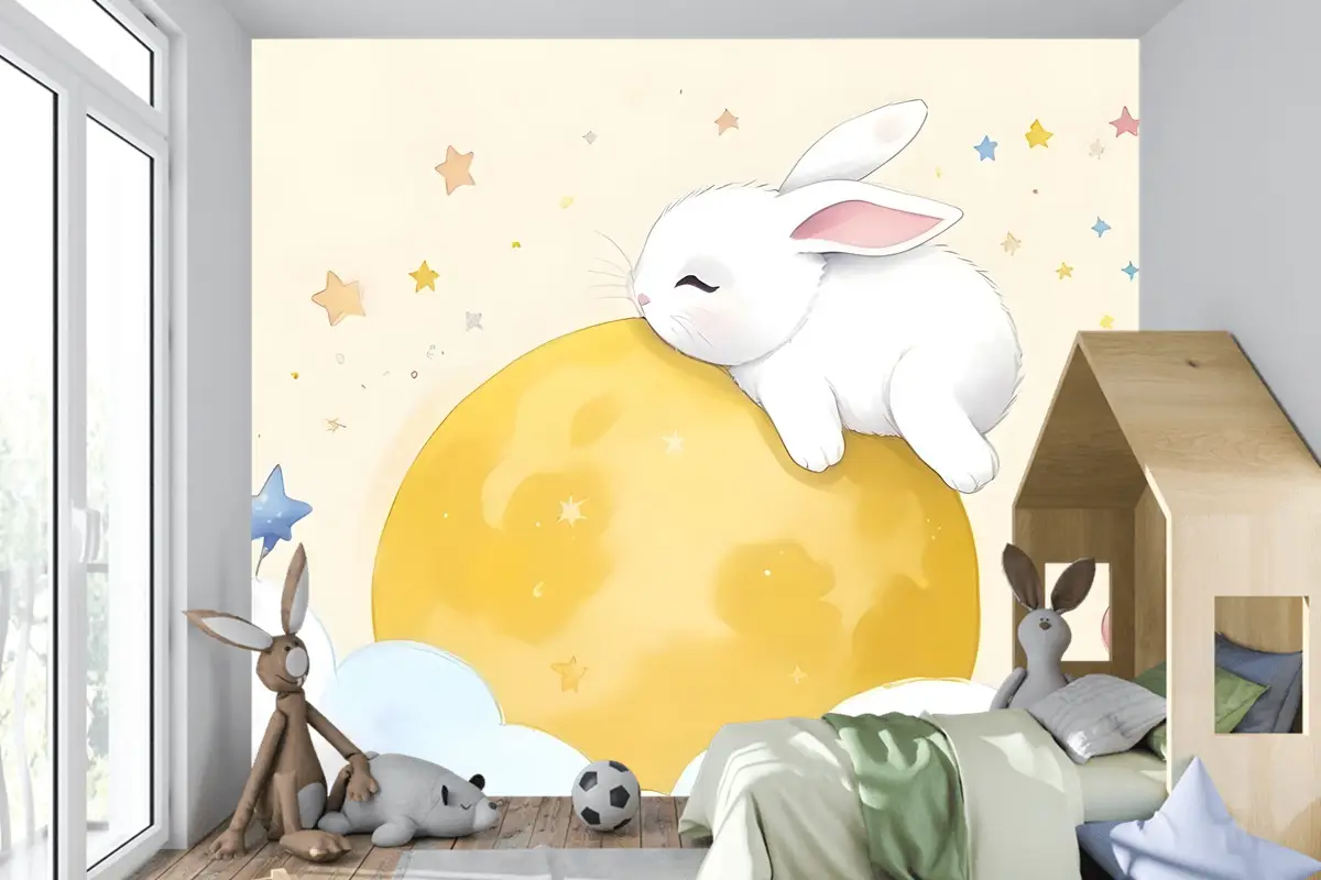 Bebek Karikatür Tavşan Ve Sarı Ay Çocuk Odası Duvar Kağıdı