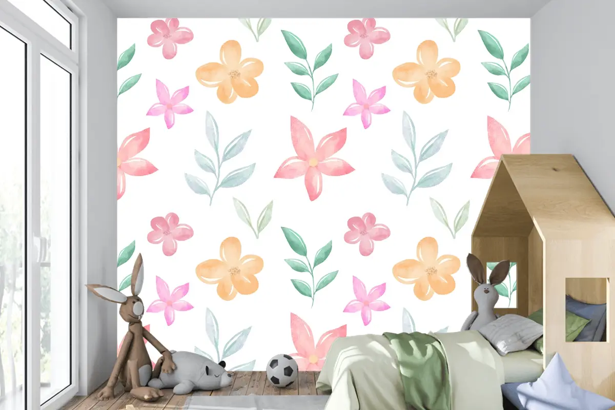 Yumuşak Renklerle Arka Plan Çiçek Suluboya Çocuk Odası Duvar Kağıdı